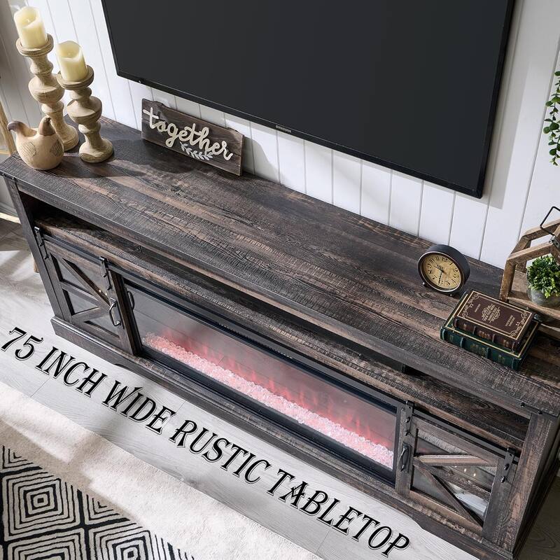 Farmhouse Fireplace TV Stand for 80" TV, Rustic Entertainment Center