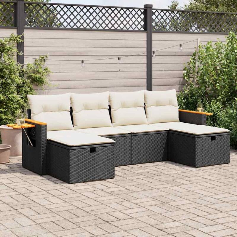 vidaXL Patio Sofa Set with Cushions Outdoor Furniture 6 Piece Poly Rattan - Black and cream with storage - 21.7 x 21.7 x 14.6 in