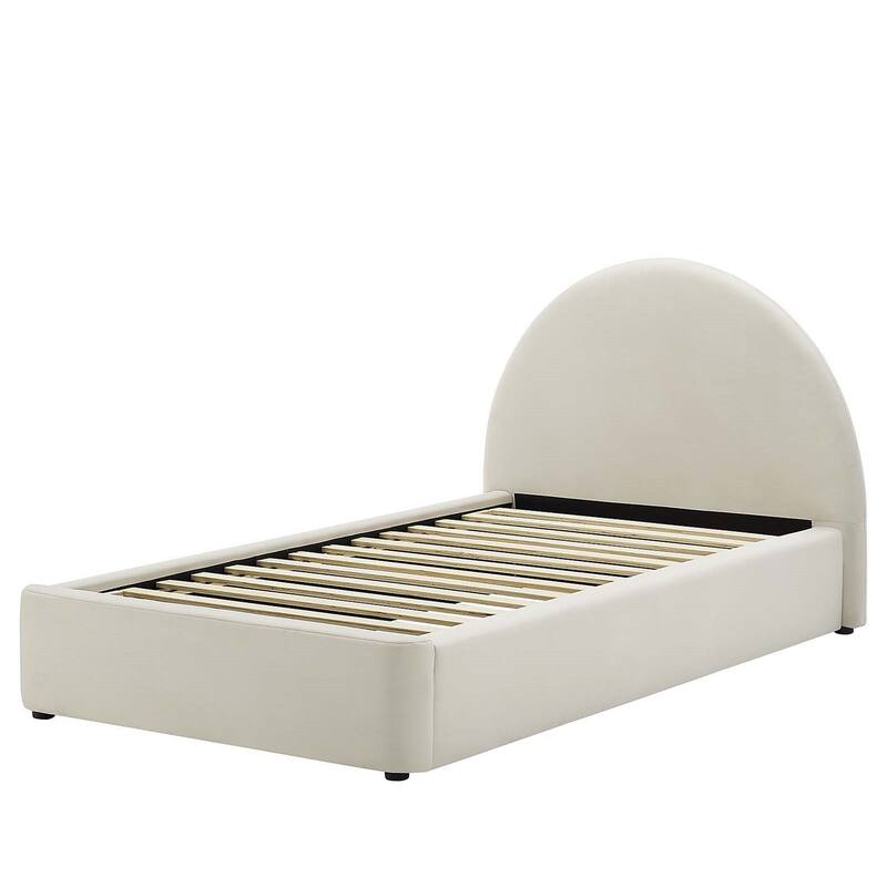 Palmetto Modern Round Headboard Off-white Velvet Upholstered Twin Size Platform Bed