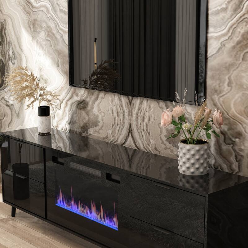 High-Gloss Electric Fireplace TV Stand LED Color ModesRemote Control