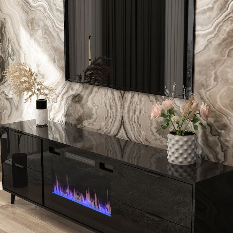 TV Stand with Integrated Electric Fireplace - 12 Flame Modes Cosole