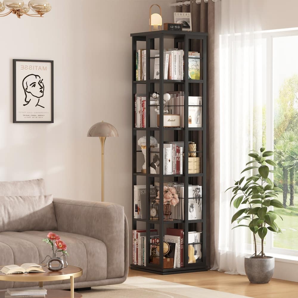 5-Tier Corner Rotating Bookshelf, 360 Display Wood Spinning Bookshelf, Floor Standing Bookcase Organizer Storage Rack