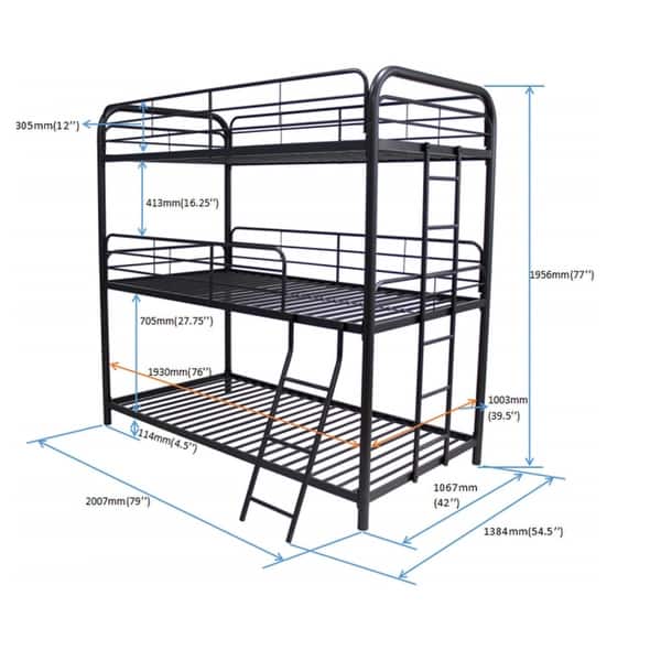 Triple Twin Bunk Bed Frame - Sturdy Steel Structure & Space-Saving