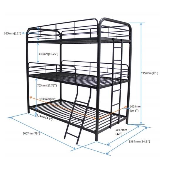 Twin over Twin Size Metal Triple Bunk Bed with Ladder and Fence for Kids' Rooms