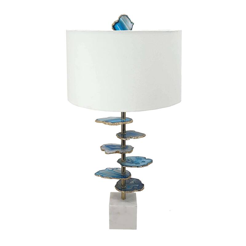 Blue and White Agate Slice Table Lamp with Marble Base - White+Blue