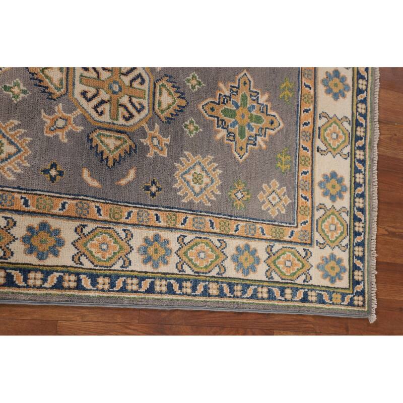 Gray Geometric Kazak Accent Rug Handmade Wool Carpet - 2'8" x 4'2"