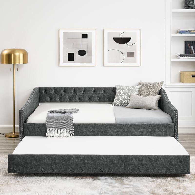 Button Tufted Sofa Bed with Pull Out Bed & Nailhead Decorative Arms