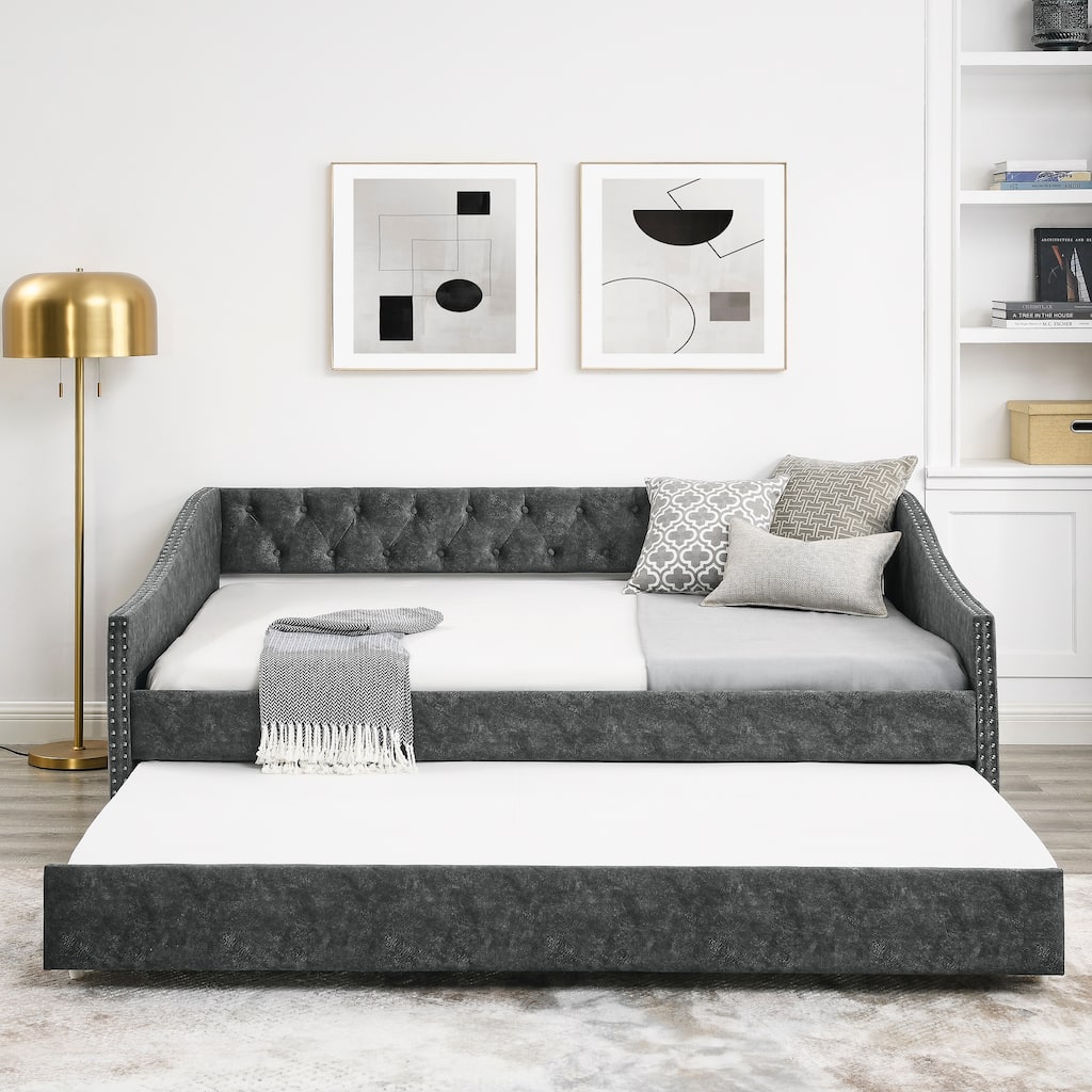 Full Size Daybed with Trundle Upholstered Sofa Bed with Button Tufted Backrest and Nailhead Trim Waved Shape Arms