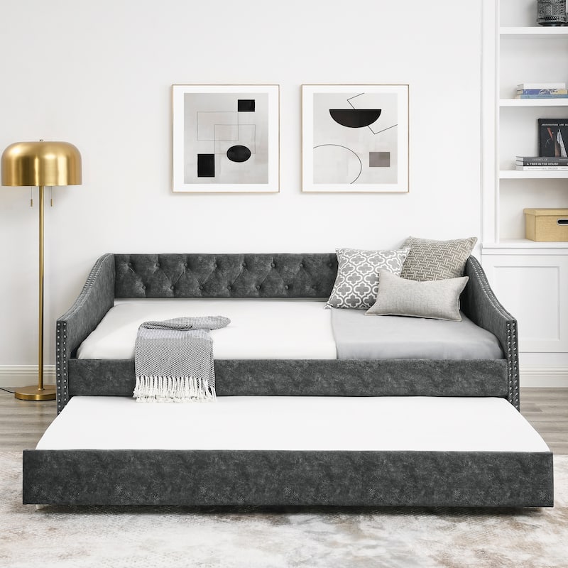 Full Size Daybed with Twin Size Trundle Upholstered Tufted Sofa Bed, with Button on Back and Copper Nail