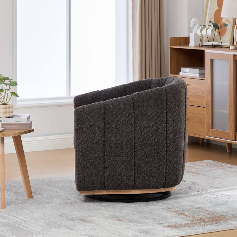 Chenille Upholstered Swivel Barrel Chair, Tufted Pumpkin-Shape Club Armchair, Lounge Reading Chair with Metal Base