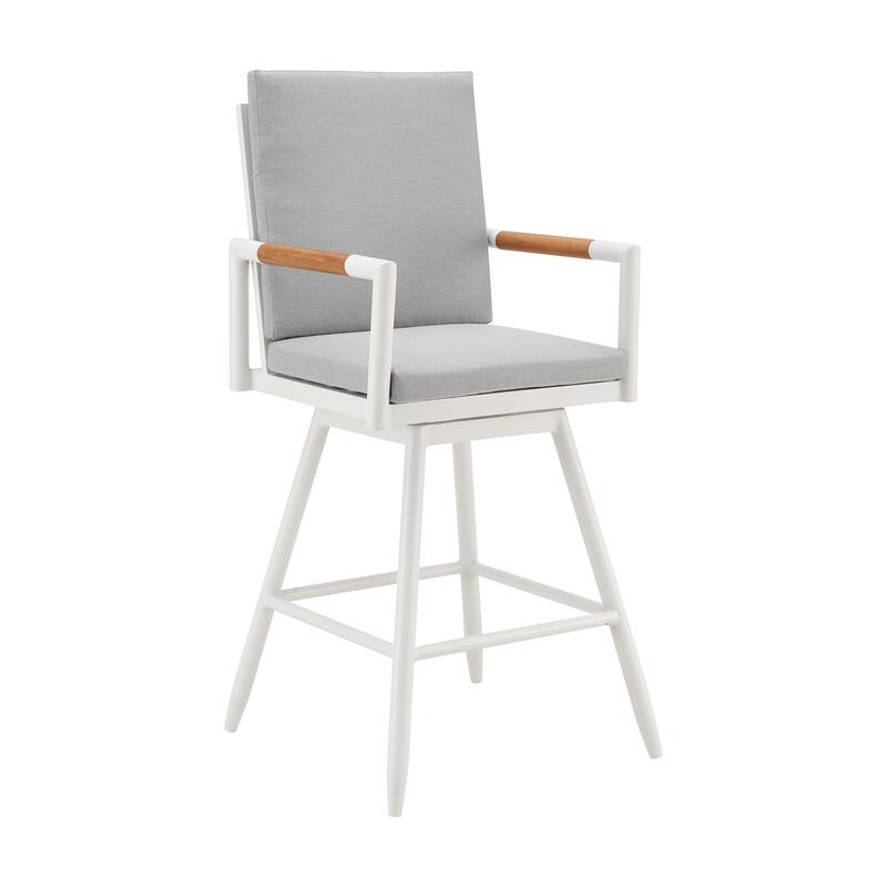 Razi 26 Inch Outdoor Swivel Counter Stool Chair, White Metal, Gray Cushions
