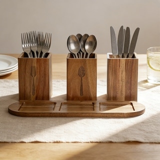 Acacia Wood Utensil Holder 13 x 4.5 x 4.7 in 3-Section Countertop Caddy with Bottom Tray Kitchen Organizer - 13 x 4.5 x 4.7 in