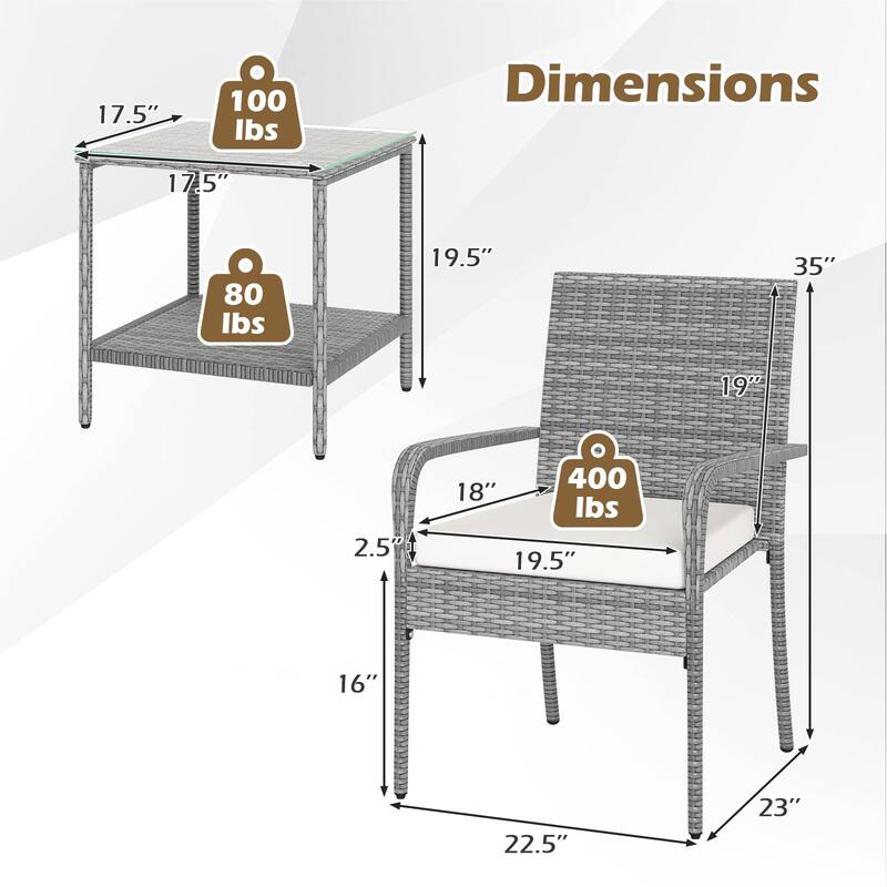 Gymax 3 Pieces Patio Furniture Set PE Rattan Porch Chairs w/ 2-Tier