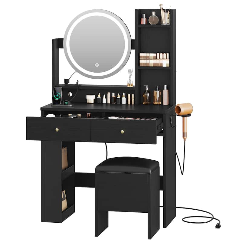 Moasis Makeup Vanity Set with Storage Stool and Round LED Touch Screen Mirror & Charger Station