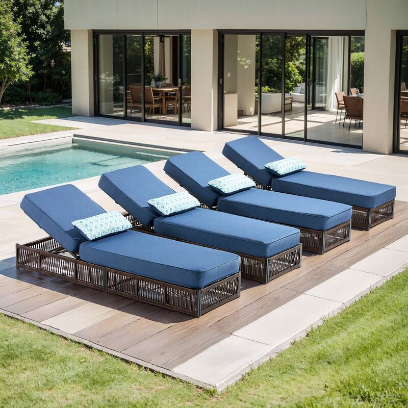Pocassy Outdoor 5 Inch Reclining Chairs with Adjustable Backrest - 4-Piece Brown Wicker Blue Cushion