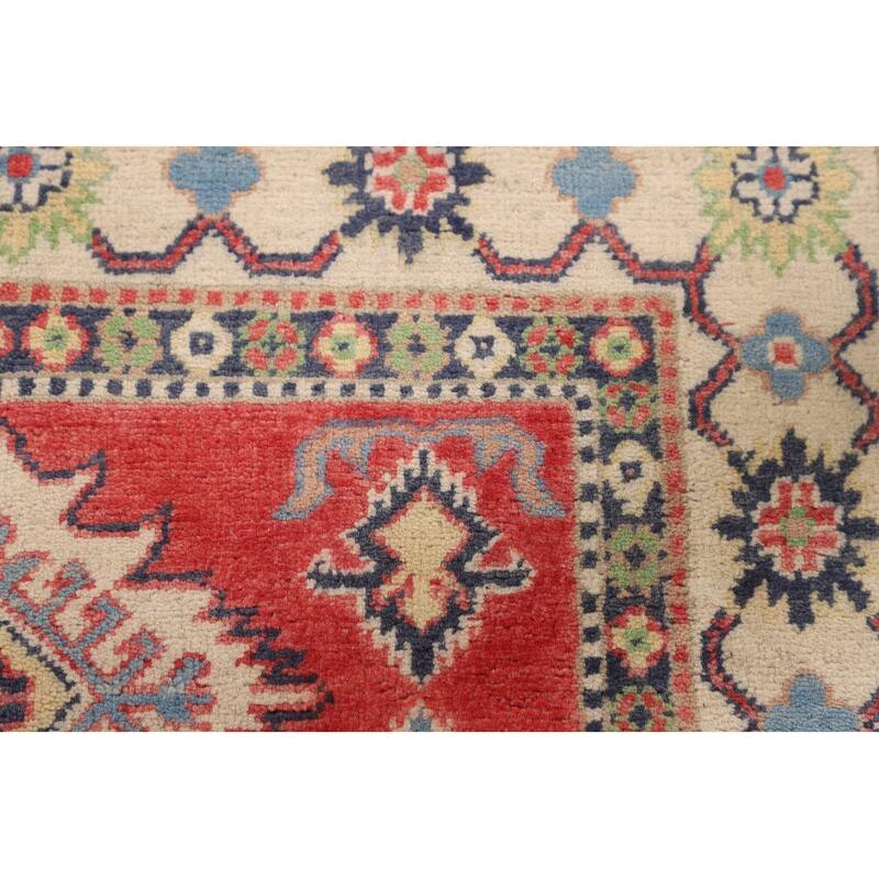 Geometric Kazak Accent Rug Handmade Red Wool Carpet - 3'4" x 5'0"