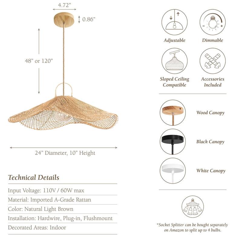 Lotus Rattan Pendant Light - Natural Large Sculptural 1-Light Handwoven Light Fixture For Modern, Coastal, Farmhouse Room Decor