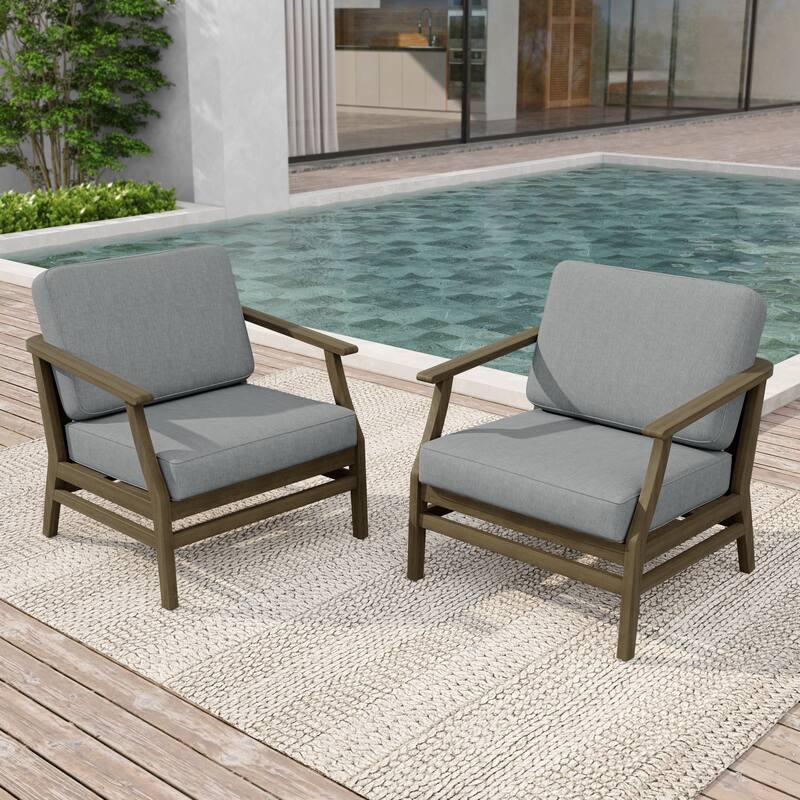 2 Set Patio Teak Wood Outdoor Chair with Cushions - Natural Wood - Grey