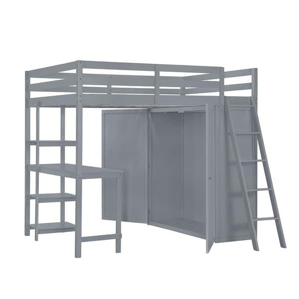 slide 2 of 13, Lodge Design Full Size Loft Bed with Wardrobe and Desk,Solid Wood Design Gray