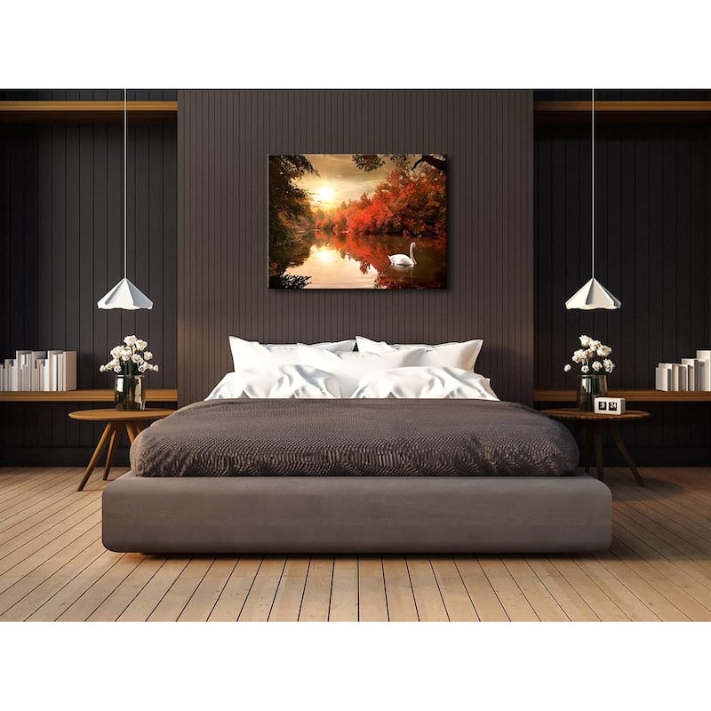 Wall Art Red Trees Swan Lake Pictures Paintings