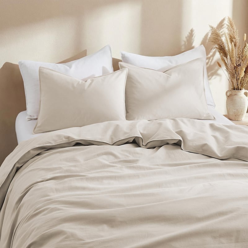 Linen Cotton Duvet Cover and Pillow Sham Set, Breathable and Skin-Friendly Bedding Set - King - Beige