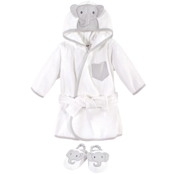 slide 1 of 1, Hudson Baby Infant Cotton Animal Face Bathrobe and Slippers 2pc, Modern Elephant, 0-9 Months - Modern Elephant - One Size One Size - Modern Elephant