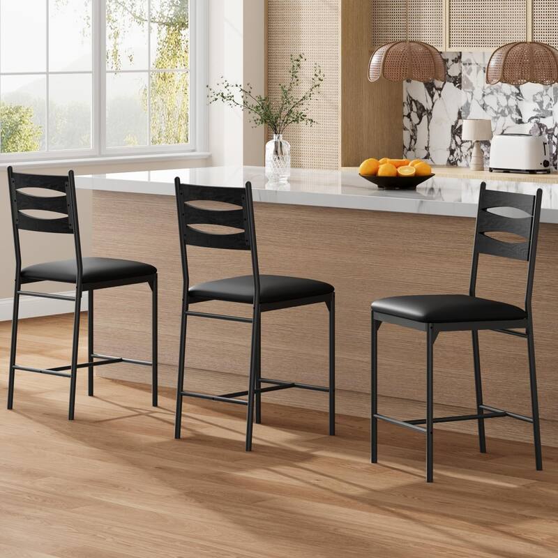 Bar Stools Set of 2 - Thick Cushioned Faux Leather Stools with Islamic Geometric Backrest, Gold Accent Footrest