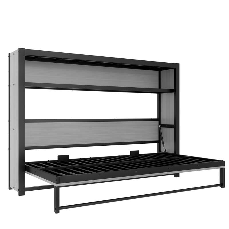 Roomfitters Twin Size Metal Murphy Bed with Shelves, Foldable Wall Bed Frame with Space-Saving Design