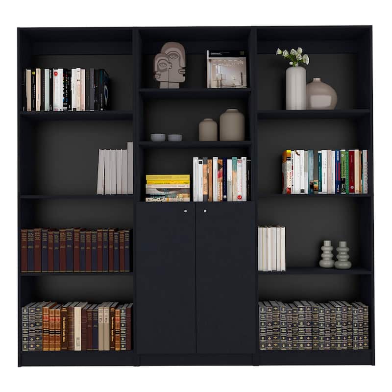 FM FURNITURE Munds 3 Piece Living Room Set with 2 Sutton Bookcase + Sutton 4 Shelves Bookcase, Black