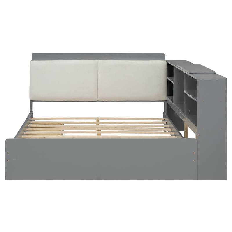 Gray Full Size Storage Platform Bed with Headboard Shelves and 2 Drawers