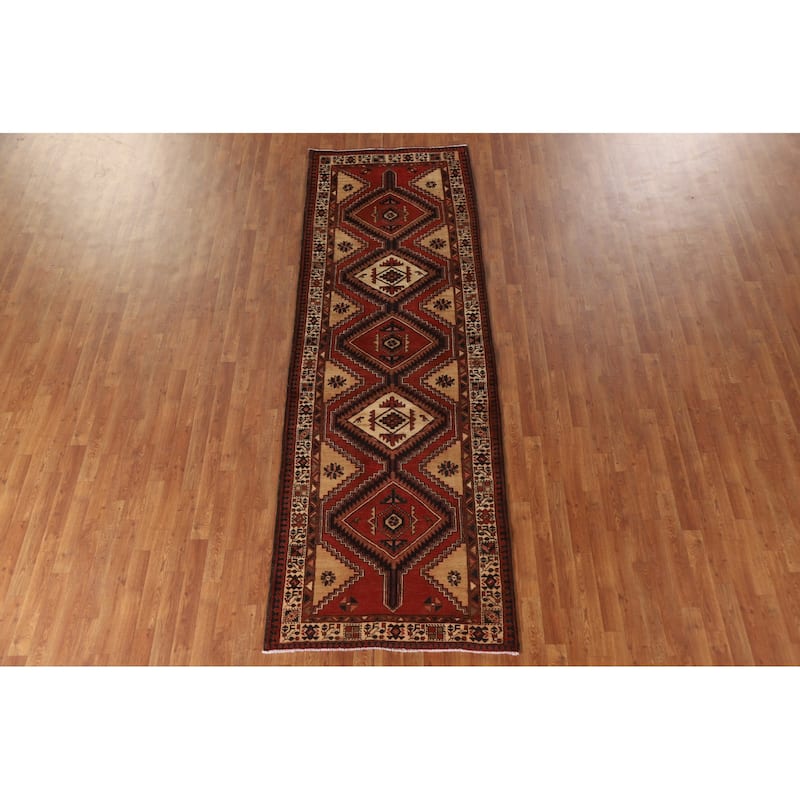 Geometric Red Ardebil Persian Vintage Runner Rug Handmade Wool Carpet - 3'6"x 10'7"