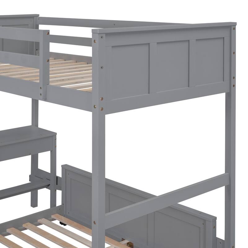 Space-Saving Twin Over Full Bunk Bed with Built-in Desk in Gray