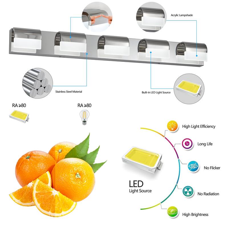 Modern Bathroom Vanity Lighting 5-Light LED Vanity Lights Over Mirror Bath Wall Lighting - Chrome