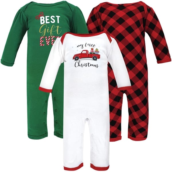 slide 1 of 1, Hudson Baby Infant Girl Cotton Coveralls, Christmas Gift 0 - 3 Months - Green/White/Red