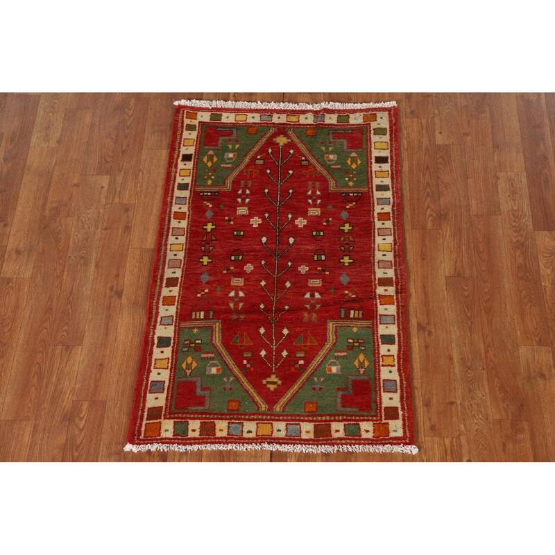 Geometric Red Abadeh Persian Vintage Area Rug Handmade Wool Carpet - 2'3"x 3'6"