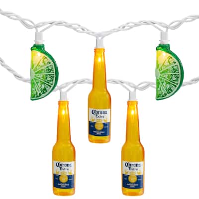 10-Count Corona Extra Beer Bottle and Lime Summer Patio Lights - 9ft White Wire - Yellow and Green