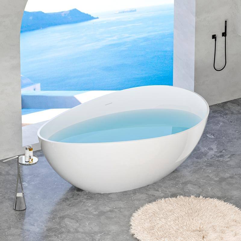 ABRUZZO 63" Freestanding Solid Surface Soaking Bathtub with Overflow & Pop-up Drain in Glossy White
