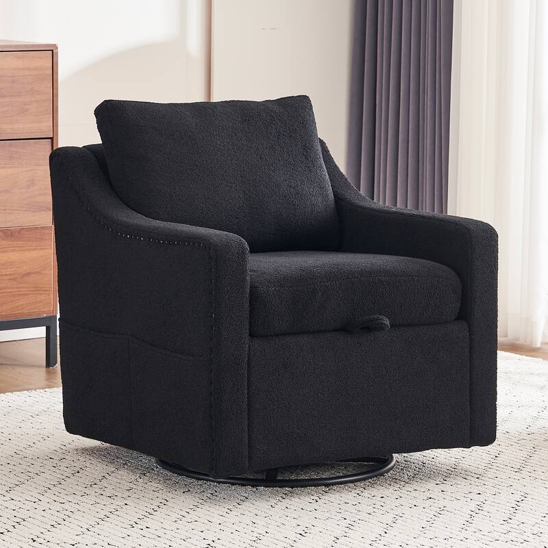 360° Swivel Accent Chair with 1 Back Pillow, Teddy Upholstered Reading Chair with Rivet Trim, Single Sofa Chair for Living Room - Black