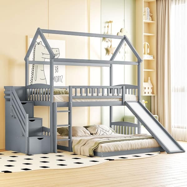 slide 2 of 40, Friendly Design Twin Over Twin Bunk Bed Kids Bed with Two Drawers and Slide, House Bed with Slide Grey