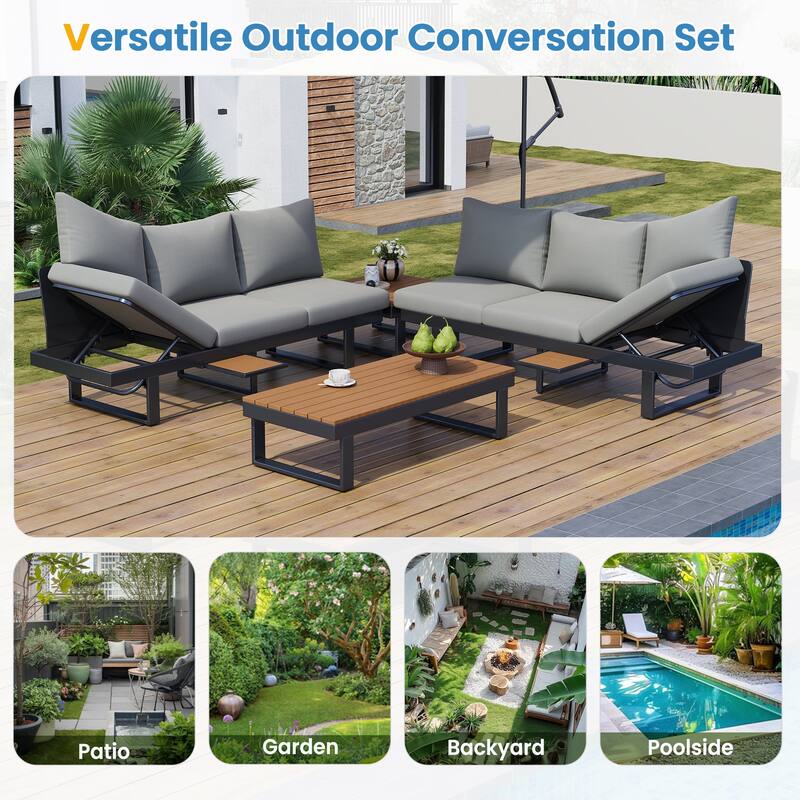 Outdoor Patio Conversation Sofa Set L-shape Sectional Sofa Set with Adjustable Reclining Seats, Coffee Table, Side Table