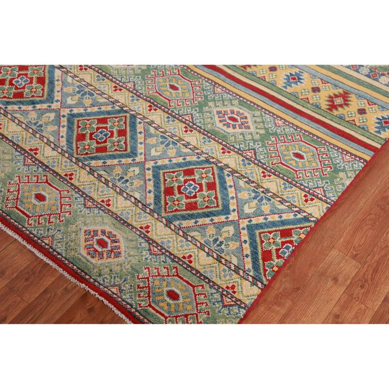 Hand Knotted Oriental 100% Wool Carpet Traditional Geometric Multi-Colored Kazak Area Rug - 11' 3'' X 9' 1''