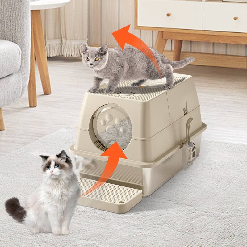 Large Stainless Steel Enclosed Cat Litter Box with Lid, Metal Kitty Litter Box with Flip Cover, Removable Top and Litter Scooper