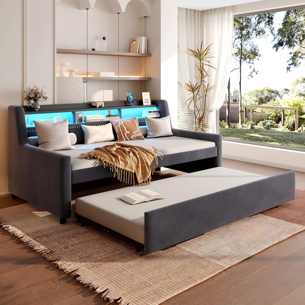 GDFStudio - Modern Velvet Upholstered Corner Daybed with Roll-Out Trundle, Adjustable LED Lighting & Charging Station