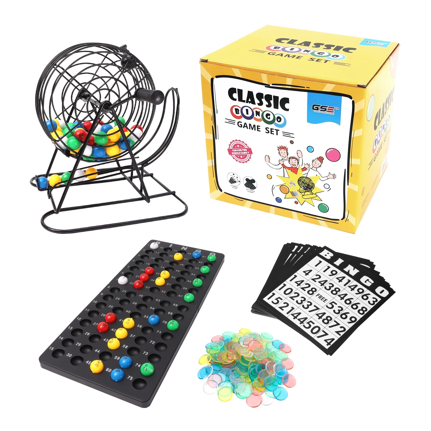 GSE™ Classic Bingo Game Set for Kids & Adults, Family - Roller Cage and Board, 75 Bingo Balls, 150 Bingo Chips, 18 Bingo Cards