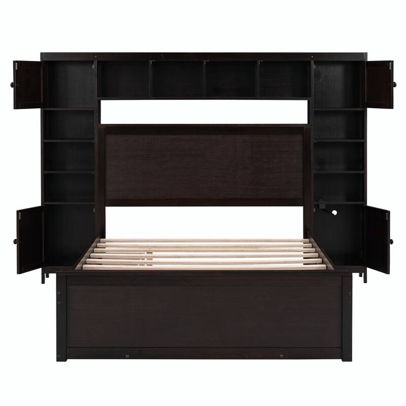 Wooden Bed with Built-in Cabinet, Shelf, and Sockets