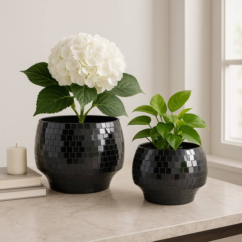 Metal Planters Mirrored Mosaic Surface Modern Accent Home (Set of 2)