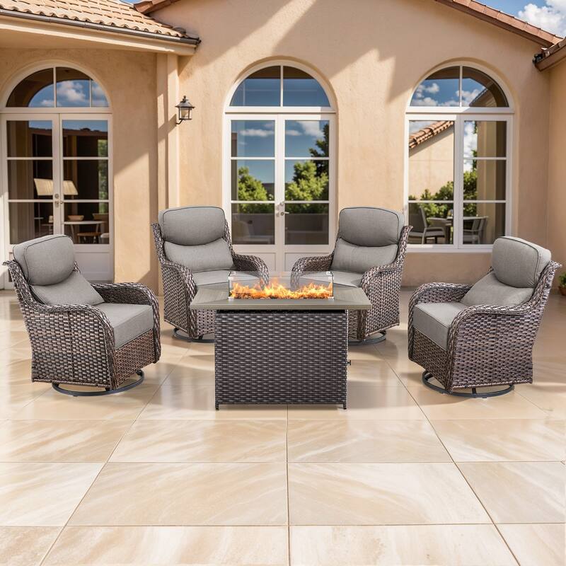 Pocassy Outdoor 6 Inch Sofa Chair Ottoman with Fire Pit Table Set - Brown Wicker Gray Cushion - 5 Pieces Swivel Chair with Fire Table