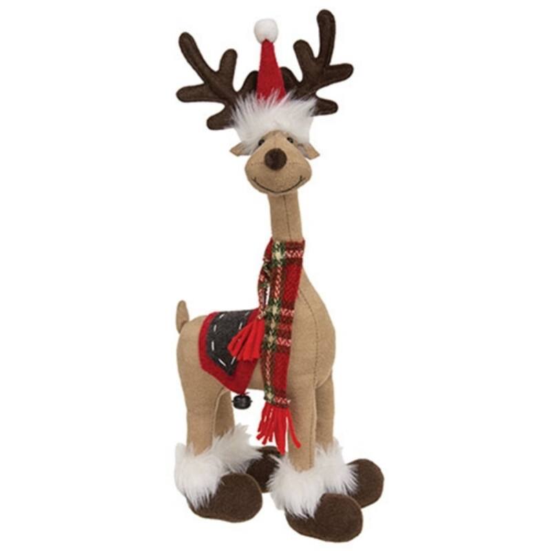 Standing Smiling Reindeer with Plaid Scarf Christmas Decor - 15.75” x 7.5” - Brown-Red-White