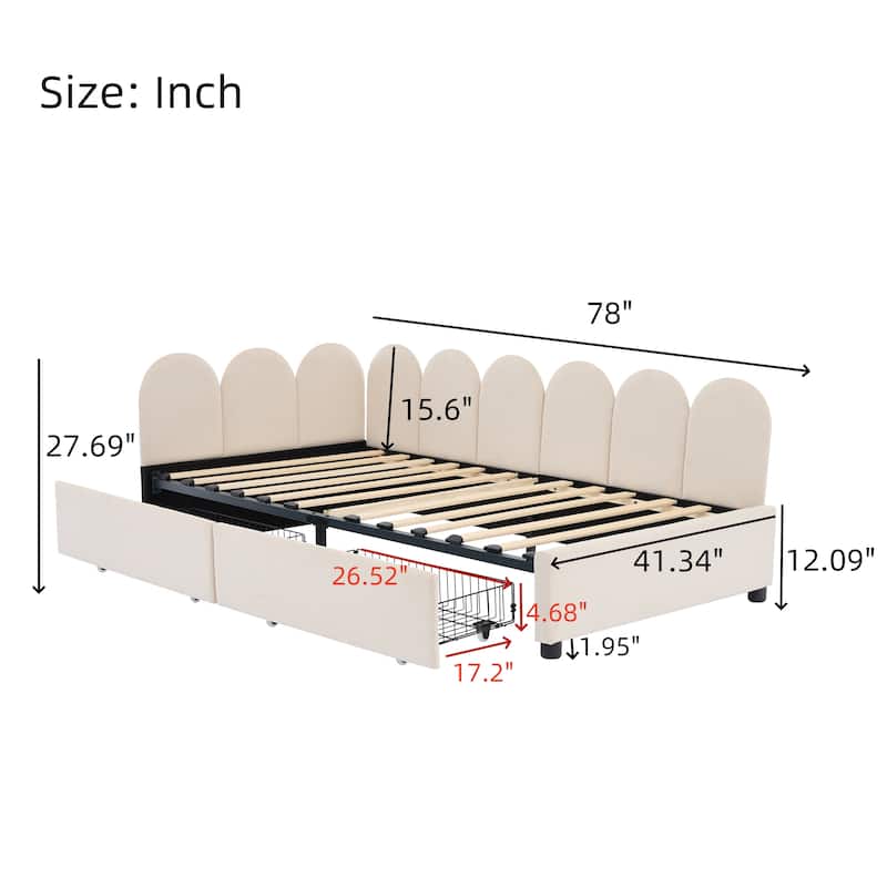 Twin Size Velvet Upholstered Daybed with 2 Drawers and Soft Fabric Headboard for Bedroom