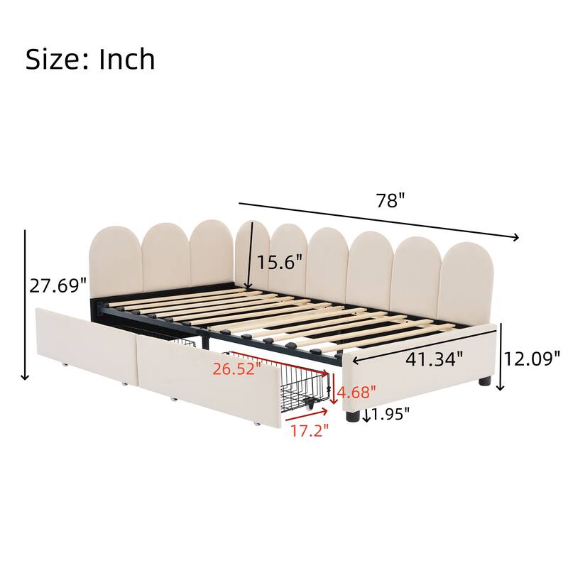 Twin Size Velvet Upholstered Daybed with Two Drawers and Soft Headboard